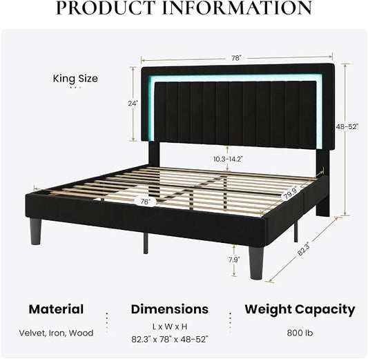 SHA CERLIN King Size Velvet Bed Frame with LED Light, Adjustable Vertical Channel Tufted Headboard, Strong Wooden Slats Support, Noise-Free, No Box Spring Needed, Black