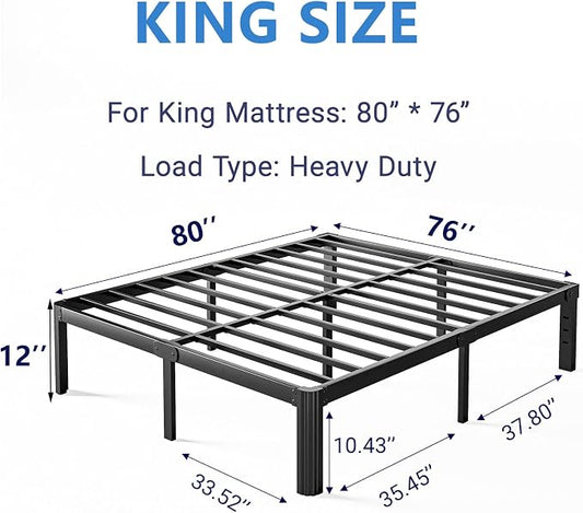 12 Inch High Metal King Bed Frame No Box Spring Needed, Heavy Duty King Size Bed Frame Platform, Noise Free, Easy Assembly, Black