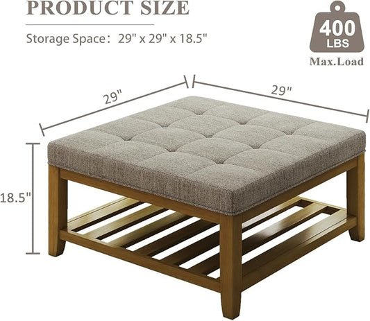 Befurtori Large Square Ottoman Coffee Table, Linen Solid Upholstered Footrest Ottoman with Solid Wood Shelf Storage Tufted Coffee Table for Bedroom Living Room, Linen