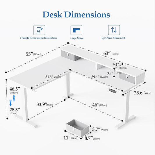 Klicelor L Shaped Electric Standing Desk 63 x 55.1 inch with Shelf, Height Adjustable Corner Desk, Sit Stand Desk with Storage Shelf, Home Office Computer Table, White