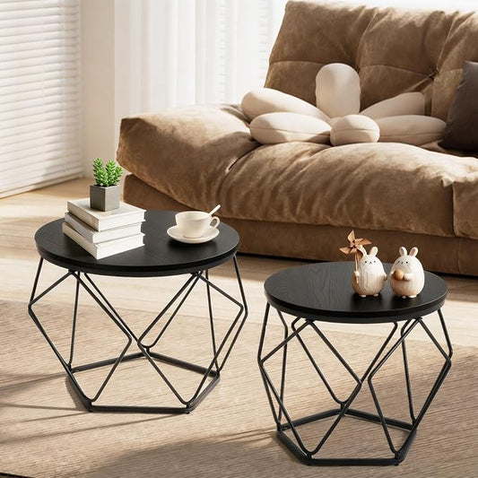 DUMOS Modern Geometric 2Pack Coffee Table, Round Nesting Side Tables with Hidden Storage, Movable End Tables for Living Room Decor & Practical Use Black