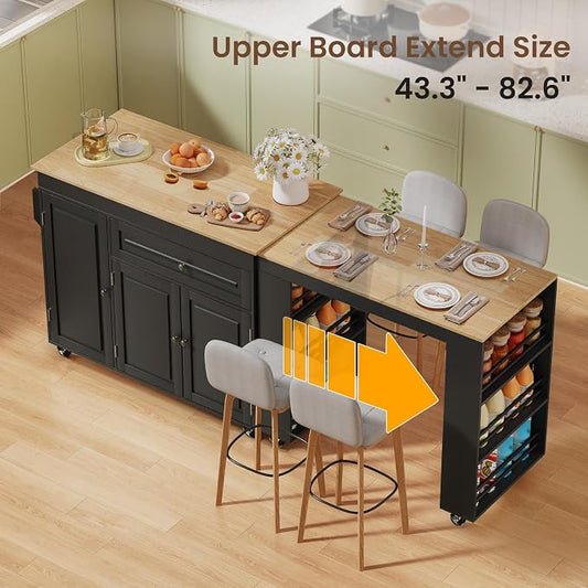 Expandable Kitchen Island with Storage Drawer and Wheels, Black | Rubberwood top expands 48.4"-82.6". Spacious drawer, 2 cabinets, 2 shelves, spice rack & towel bar. Lockable casters.