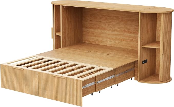 AMERLIFE Full Murphy Bed with Storage Bedside Shelves & Sliding Tambour Door, Modern Cabinet Bed with Charging Station & Curved Fluted Design for Bedroom/Guest/Home Office, Natural Oak