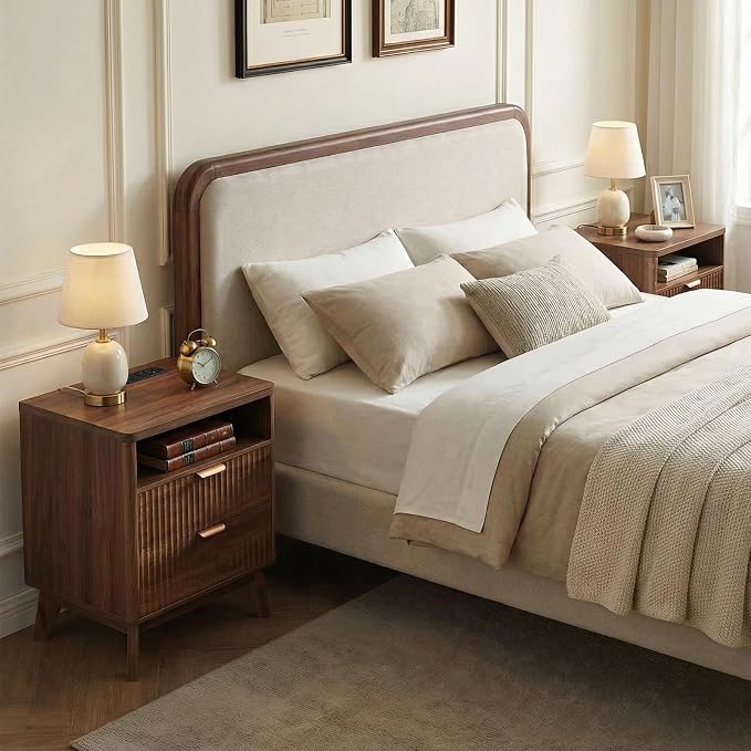 LYNCOHOME Fluted Nightstand with Charging Station, 19.7 inch Wide End Table with 2 Drawers, Modern Wood Bedside Table for Bedroom,Brown,1 Pcs
