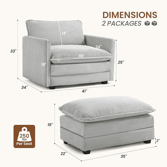 ROWHY Single Armchair with Ottoman, Modern Corduroy Cloud Couch with Convertible Chaise, Upholstered Sofa Set for Living Room, Light Grey
