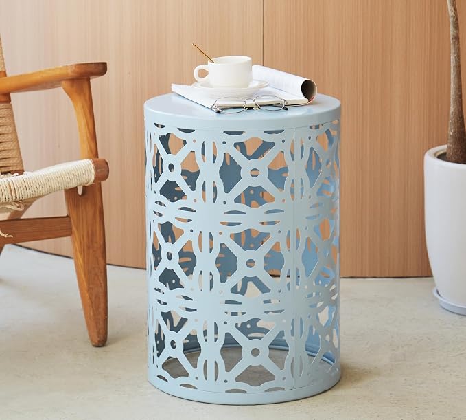 HFHOME Set of 3 Metal Outdoor Side Table, Nesting Round Coffee Table for Indoor Outdoor, Heavy Duty End Tables Plant Stand Living Room Garden Stool - Blue