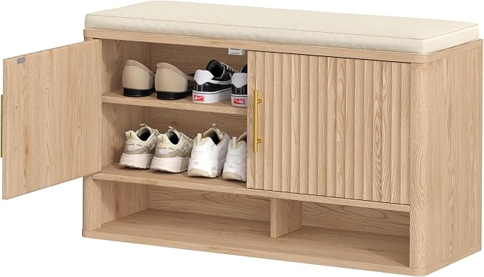 Fluted Shoe Storage Bench with Cushion, Entryway Bench with Adjustable Shelves and Open Bottom Shelf, Hidden Shoe Cabinet Storage for Entryway, Hallway, Living Room, Bedroom, Natural Oak