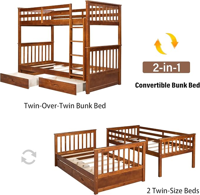 Merax Wood Bunk Bed with Drawers, Twin Over Twin Size Convertible Bunk Bed with Ladders and Two Storage Drawers,Solid Wood Detachable Bed Frame with Ladders, Walnut
