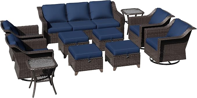 11 Pieces Patio Conversation Furniture Set - 1 Sofa, 4 Ottomans, 4 Swivel Chairs, 2 Side Tables, Outdoor Wicker Furniture with Removable Cushionsfor Porch, Balcony, Sunroom (Blue)