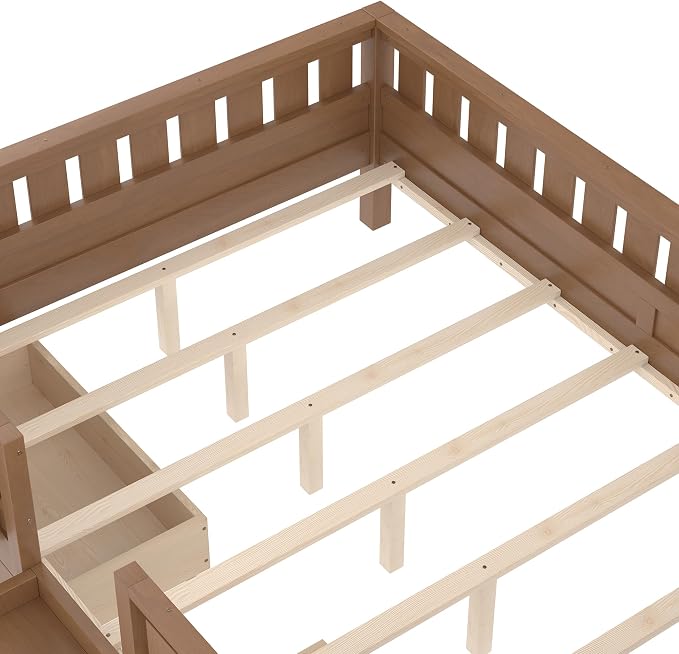 Queen Platform Bed with Storage Drawers and Bookshelves, Kids Platform Bed Frame with Low-profile Stairs and Full-length Guardrails, Queen Bed Frame for Boys, Girls, No Box Spring Needed, Nature