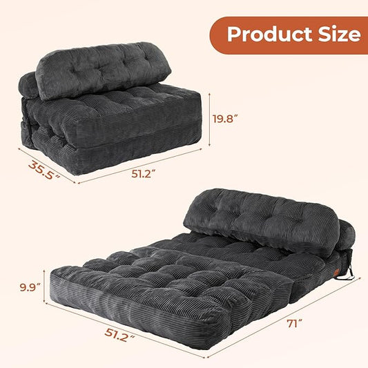 Folding Sofa Bed, Convertible Sleeper Chair with Back Support and Pillow Futon, Boneless Matress, for Living Room/Guest Use/Home Office, Foldable Chair Bed for Adults, Dark Gray, Full