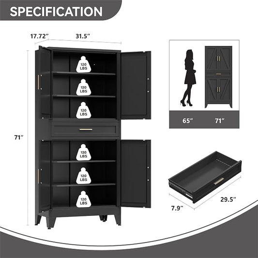 Metal Storage Cabinets with Drawer, 71" Filing Cabinet with 4 Adjustable Shelves & 4 Doors, Modern Abstract Rhombus Geometric Design File Cabinet for Home,Office,Garage,Shop,School, Black