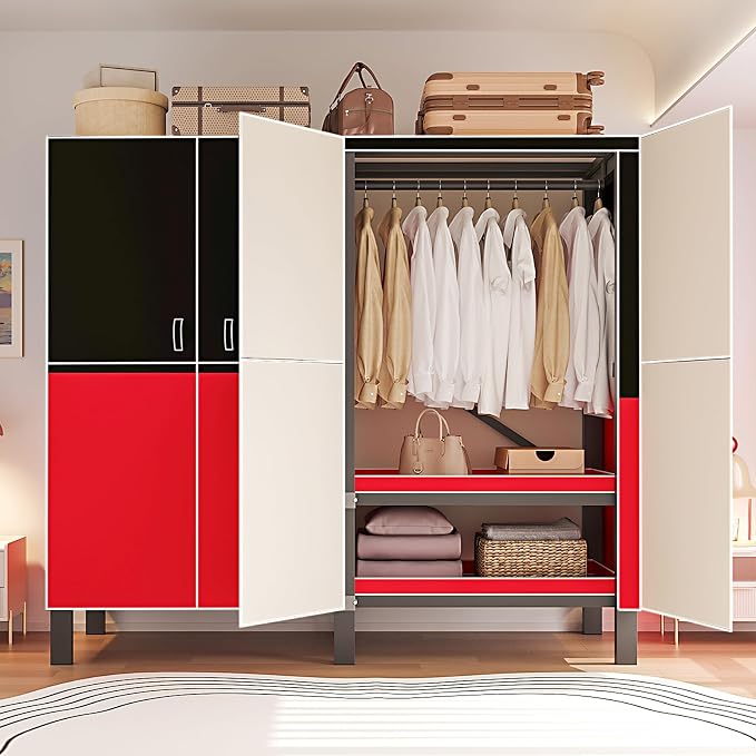 Heavy Duty Clothes Rack with Cover, Portable Wardrobe Closet with Magnetic Door & Black Steel Frame, Foldable Freestanding Garment Storage (Red-Magnetic Door, 49.2''L x 20.5''W x 67''H)