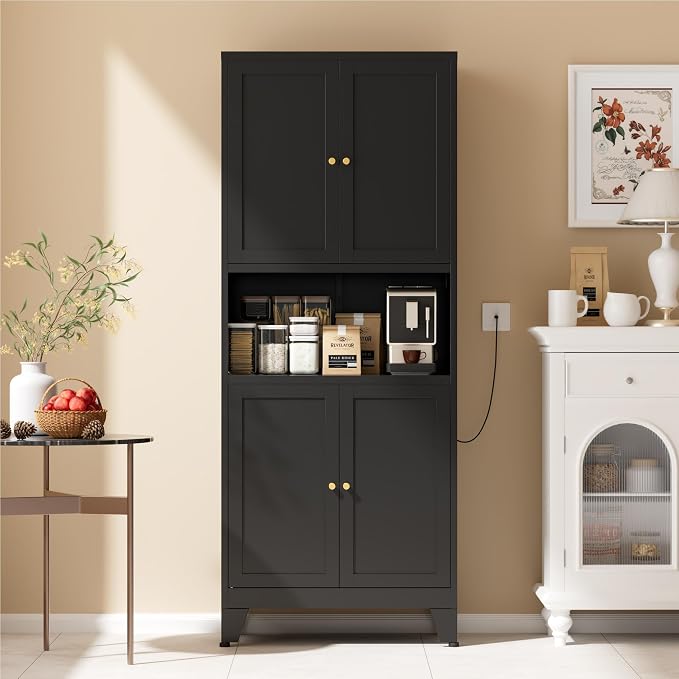 COFaR 69" Tall Modern Kitchen Pantry,Metal Storage Cabinet with Adjustable Shelves,Pantry Cabinet with 6-Tier,Freestanding Cupboard for Kitchen,Dining Room,Living Room,Bathroom,Black
