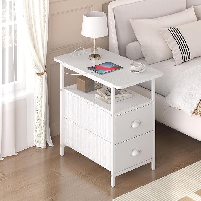 sthmec End Table with Charging Station, Narrow Side Table with 2 Drawers, Nightstands with Drawers, USB Ports & Power Oulets,Slim Sofa Side Tables for Small Spaces,Living Room,Bedroom, White