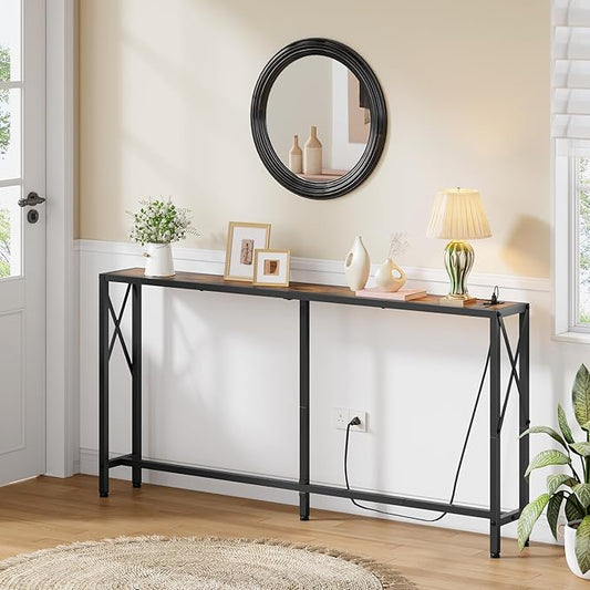 Gewudraw Console Table with Oulets and USB Ports, 55.1" Sofa Table Behind Couch, Industrial Long Skinny Stand for Hallway, Living Room, Bedroom, 6.5 Feet Power Cord, Rustic Brown