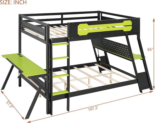 Merax Wooden Full Over Full Bunk Bed with 2 Side Desks, USB Desktop Ports and Pegboard Organizer, Gaming Bunk Bed for Gamer, Kids or Teens, No Box Spring Needed, Green