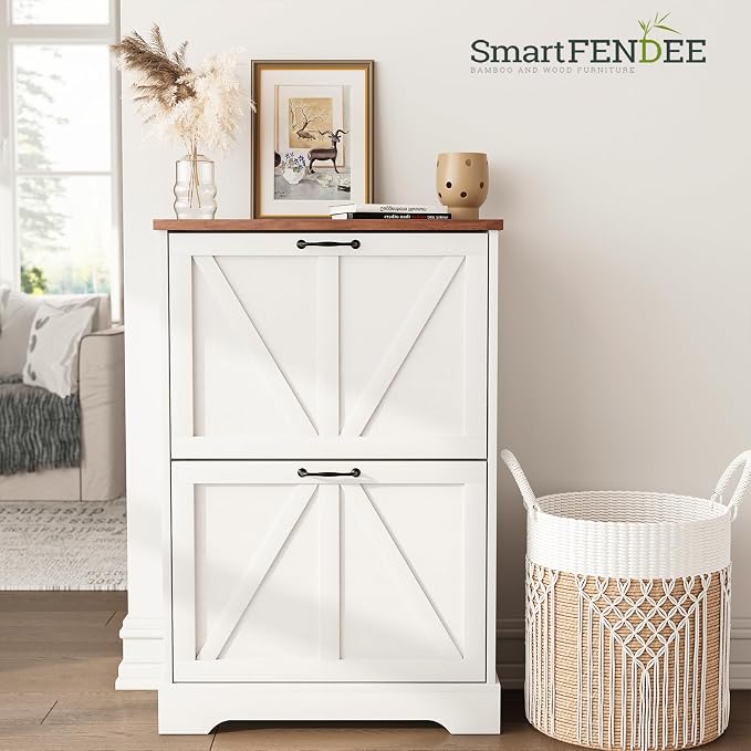 Smart FENDEE Shoe Cabinet, Shoe Storage Cabinet for Entryway with 2 Flip Drawers, Narrow Farmhouse Shoe Organizer Cabinet, Slim Shoe Rack Cabinet, White