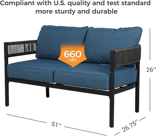 Gand Patio Outdoor Loveseat, Wicker Conversation Set with Thick Cushion for Porch, Garden, Yard, Peacock Blue
