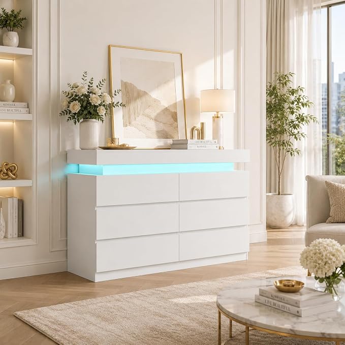 6 Drawer Dresser with LED Lights & Charging Station, Modern Floating White Dresser for Bedroom, Smart Storage Chest with 2 AC Outlets & USB Ports for Living Room, Closet, Entryway