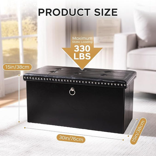 oakvivo Folding Storage Ottoman Bench 30in, Leather Foot Rest Stools Ottoman with Storage, Coffee Table, End of Bed Bench Footstool for Living Room, Bedroom, Load 330 lb, 30x15x15 inches, Black