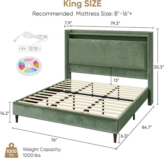 King Size Bed Frame with Tall Headboard, 55.3" Upholstered Platform King Bedframe with Wingback Storage Headboard, Charging Station & LED Lights, No Box Spring Needed, Wooden Slats, Corduroy, Green