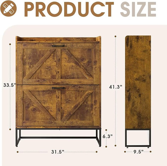 GRUSIGN Shoe Cabinet, Shoe Storage Cabinet with 2 Flip Drawers & Adjustable Shelf, Space-Saving Shoe Organizer – Holds 16+ Pairs, Narrow Shoe Cabinet Storage for Entryway/Hallway(Brown)