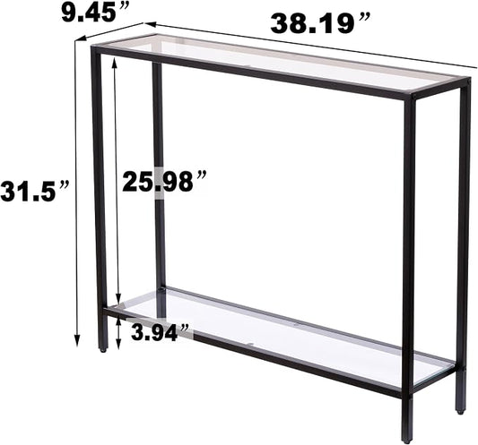 MAJARO Small Modern Console Table for Entryway, Tempered Glass with Metal Frame Sofa Table for Living Room, Hallway, Office (Double-Layer, Black)