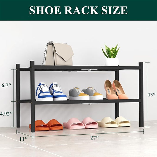 Smiry Bamboo Shoe Rack, 2 Tier Free Standing Wooden Shoe Organizer, Stackable Wood Shoe Storage Shelf for Closet, Entryway, 14 Vertical Slats, One-piece Heavy-Duty Legs, 26.8"x11"x13", Black