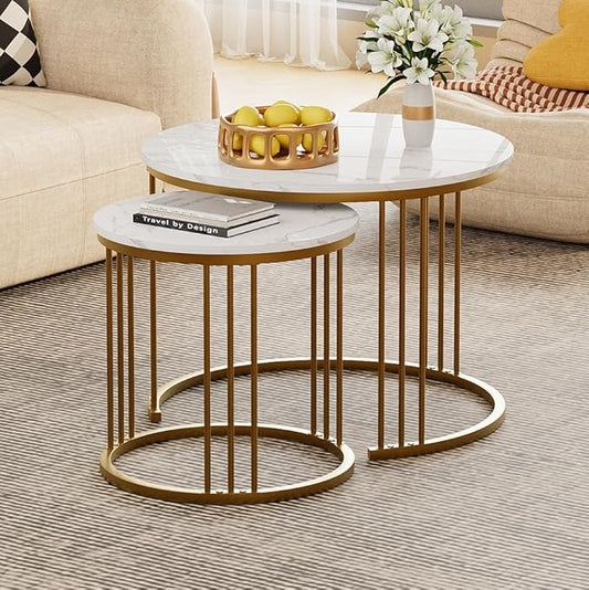 Garden 4 you Coffee Table Faux Marble Nesting Table for Small Place 2 Sets Modern Furniture Living Room Sets End Side Table Night Stand for Bed Room Dining Room (White & Gold)