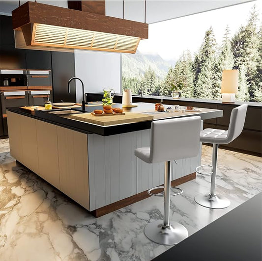 Homall Bar Stools Modern PU Leather Adjustable Swivel Barstools, Armless Hydraulic Kitchen Counter Bar Stool Extra Height Square Island Barstool with Back Set of 2 (Leather, Silver)