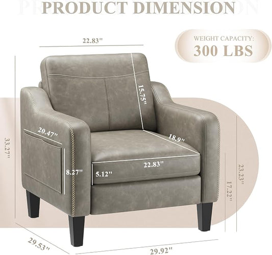 MALOL PU Leather Accent Chair, Mid-Century Modern Living Room Armchair Sofa with Removable Cushions, Solid Wood Frame & Stitched Armrest Design, Bedroom Chair with Plastic Legs, Grey
