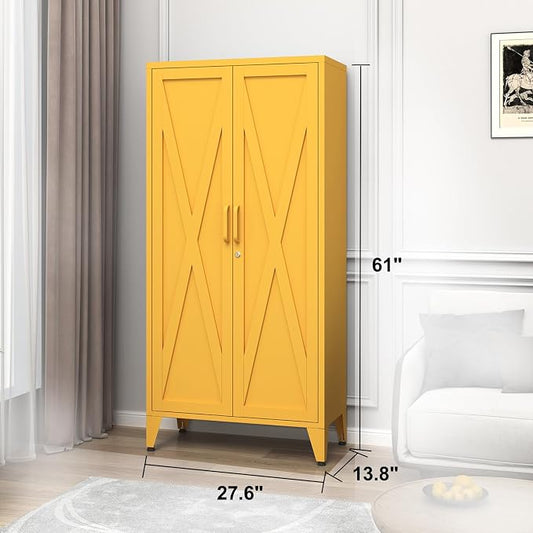 61'' Tall Metal Pantry Cabinet with Lock and 3 Adjustable Shelves,Freestanding Heavy Duty Steel Storage Locker, Yellow Metal Cabinets for Kitchen,Living Room,Laundry,Garage