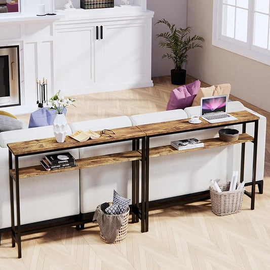 Timberer Narrow Console Table, 39.4” Sofa Table with Adjustable Shelf, 2-Tier Long Skinny Table for Hallway, Entryway, Living Room, Foyer, Rustic Brown