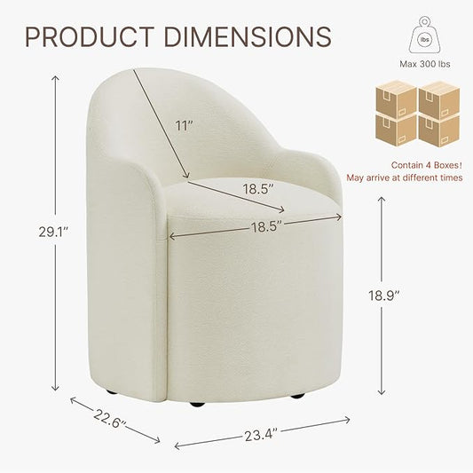 KISLOT Upholstered Dining Chairs with Casters, No Assembly Modern Dining Room Chairs Accent Vanity Chair with 5 Wheels & Round Backrest for Bedroom, Living Room, Dressing, Linen Fabric, Set of 4