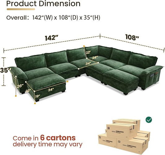 KKL Large J-Shaped Modular Sectional Sofa, 9 Seater Cloud Couch with Ottoman, Chenille Sectional Couches for Living Room, Apartment, Green