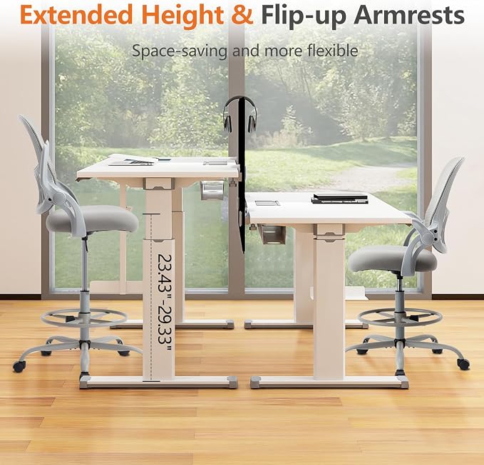 Sweetcrispy Tall Drafting Office Desk Chair - Ergonomic High Stool Computer Chair with Adjustable Height and Comfy Lumbar Support, Rolling Counter Height with Flip-up Arm and Footrest, Grey