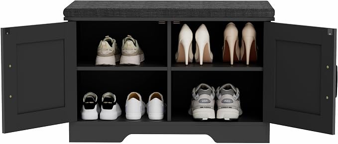 HOMSHO Farmhouse Shoe Storage Bench with 2 Barn Doors & Padded Seat Cushion | 27.6" Wide Entryway Bench with Adjustable Shelves & Hidden Storage, Black