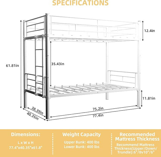 Metal Twin Over Twin Bunk Bed, Heavy-Duty Metal Bunk Bed, Noise Reduced Design/Safety Guardrail/2 Side Ladders/No Box Spring Needed (White)