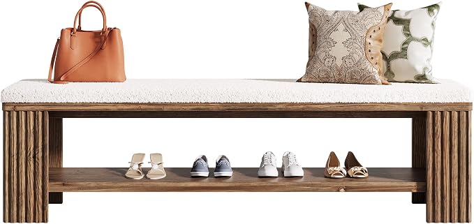 63" Solid Wood Entryway Bench, Farmhouse Upholstered End of Bed Bench with Removable Faux Lambswool Cushion and Fluted Legs, Indoor Long Ottoman for Bedroom, Entryway, Dark Brown