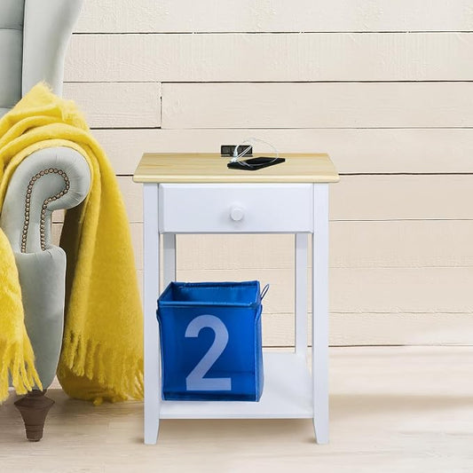 Casual Home Owl Night Stand with USB Port Charging Station and Drawer, 17.5" W x 14.25" D x 24.5" H, Natural White