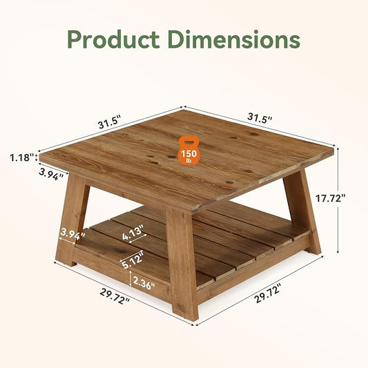 31.5" Solid Wood Square Coffee Table, 2-Tier Storage Design, Sturdy Wooden Legs, Farmhouse Accent Center Cocktail Table for Living Room, Easy Assembly, Honey Brown