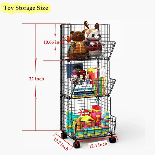 Sonyabecca Outdoor Toy Storage Basket, Play Kitchen Organizer with 5 S-Hooks,3 Tier Rolling Storage Cart Garage, Pantry Floor Snack Cart with Wheels,Toy Shelf Dog Storage Organizer Kids Bookshelf