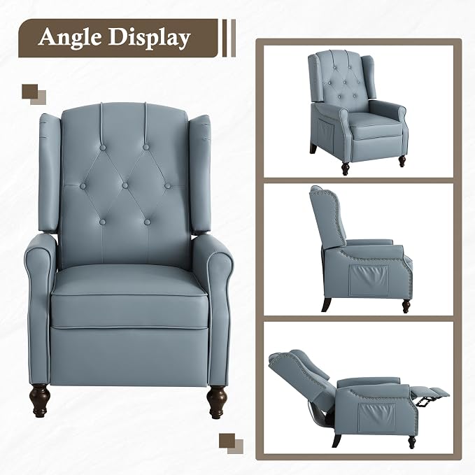 Wingback Recliner Chair with Massage & Heat, Cat-Proof Push Back Arm Chair, Recliner Chair for Living Room Bedroom Home Theater (1, Grayish-Blue)