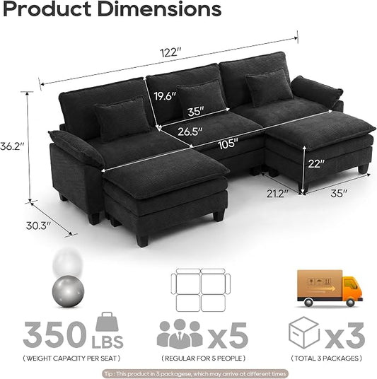 URRED Oversized Modular Sectional Sofa, 122" U Shaped Modern Comfy Cloud Couch with Movable Ottoman & Pillows, Deep Seat Couches for Living Room, Bedroom or Apartment (Corduroy Black, 122" U Shaped)