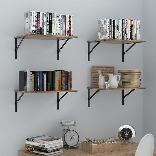 Deep Floating Wall Shelves - 4 Sets of 12 Inch Wide Rustic Brown Wood Shelves for Bathroom, Bedroom, Kitchen, Living Room