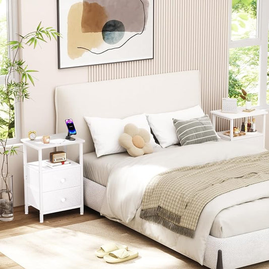 LOAKEKEL Nightstands Set of 2, Night Stand with 2 Fabric Drawers, Bed Side Table with Open Storage Shelf for Bedroom, Small End Tables Living Room, White, HETS002WP