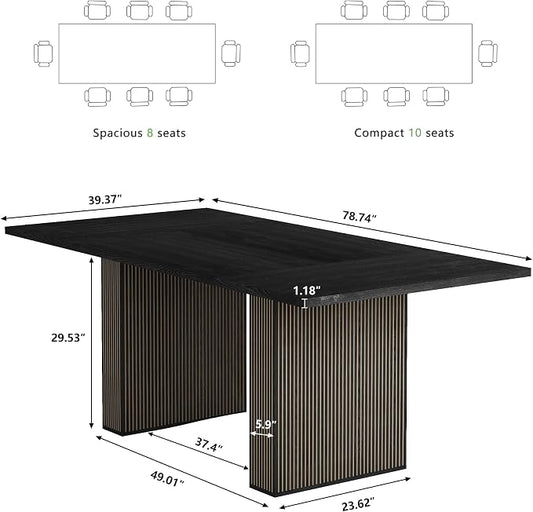 78 Inch Rectangular Dining Table for 6 to 10, Farmhouse Fluted Dining Kitchen Table, Modern Wood Long Dining Table for Kitchen Living Room, Black