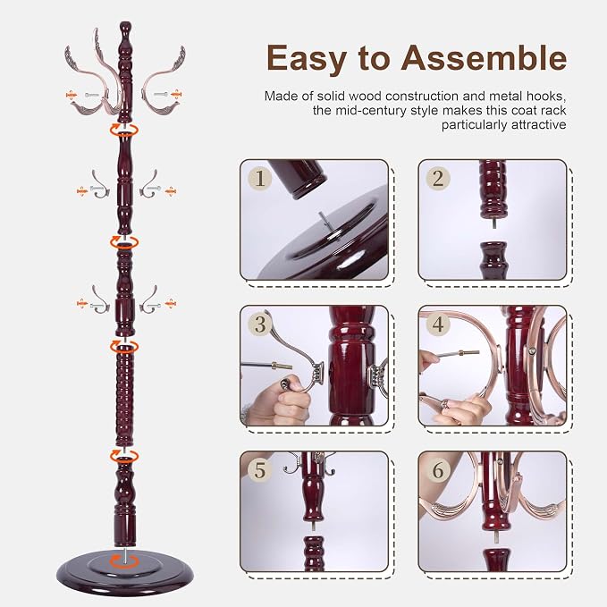 Wooden Coat Rack Freestanding with 20 Metal Hooks, Adjustable Height Coat Tree Free Standing Heavy Duty for Entryway, Easy Assembly Solid Wood Sturdy Coat Hats Hanger Stand for Office Hallway Bedroom