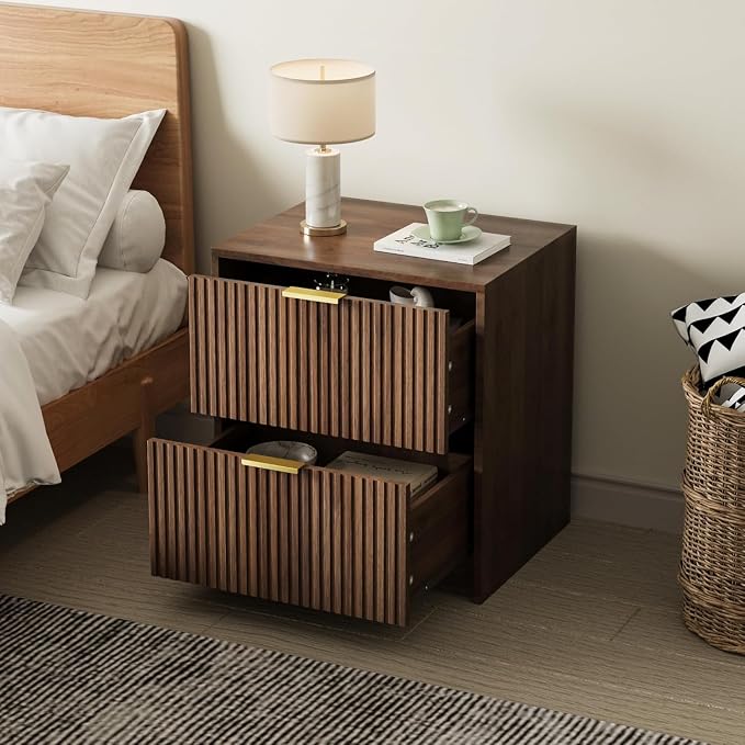 MAISONARIA 3-Piece Dresser Bedroom Set, 9 Drawer Dresser & 2 Drawer Nightstands with Gold Handles, Fluted Wood Chest of Drawers for Bedroom, Living Room, Entryway, Walnut